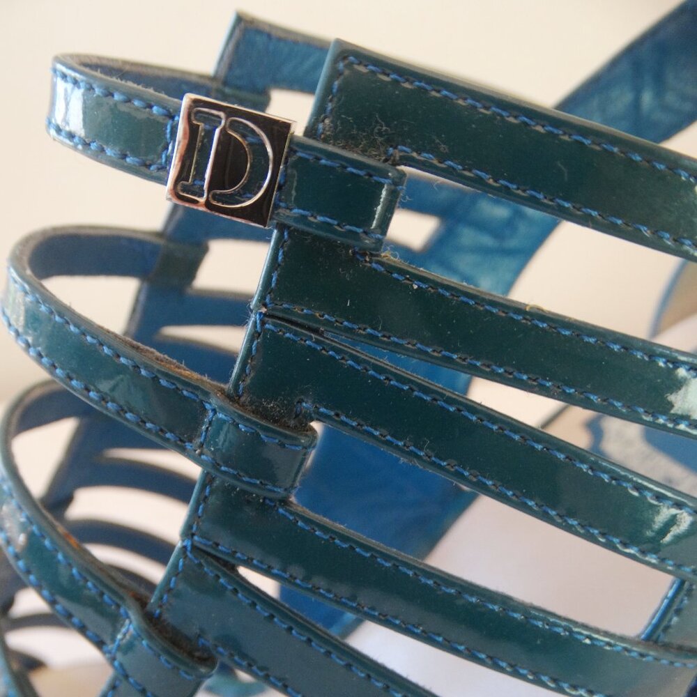 Christian DIOR 39/8.5 US, stiletto 4.5" heel ITALY cage Sandals Glossy Teal - Picture 7 of 13